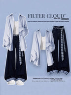 Blue Shirt And Denim Crop Top Set Casual Loose Feeling Spring Summer Autumn Women's Fashion Ensemble High Waist Long Pants