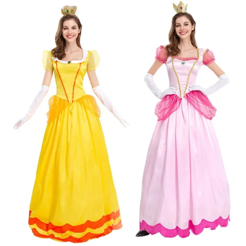 Princess Daisy yellow ball gown costume on model, front view