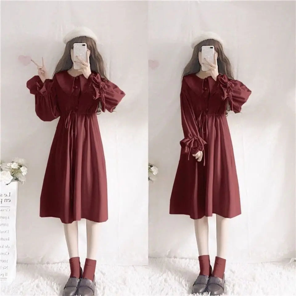 Kawaii Dress Suits 2022 Spring Autumn New Japan School Girl Student Doll Collar Long Sleeve Dress + Cape Shawl Two-piece Set - Vusy Kawaii Shop