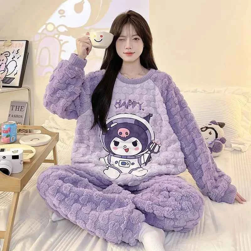Anime Sanrios Pajamas Set Kawaii Cinnamoroll Cartoon Pajamas Coral Velvet Autumn Winter Warm Nightgown Cute Student Home Clothes