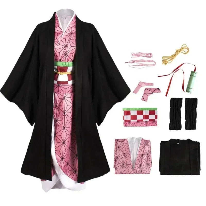 Nezuko Kamado Demon Slayer kimono and accessories on mannequin, front view