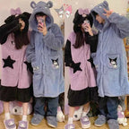 Kawaii Sanrioed Plush Pajamas Suit Cartoon Kuromi Winter Women Hooded Nightgown Long Cute Girls Thickened Warm Sweet Tops Pants