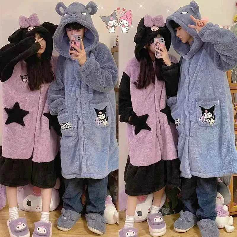 Kawaii Sanrioed Plush Pajamas Suit Cartoon Kuromi Winter Women Hooded Nightgown Long Cute Girls Thickened Warm Sweet Tops Pants