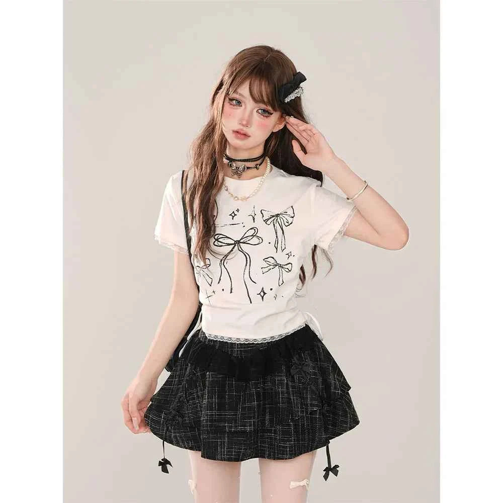 Shoulder Short Sleeved T-Shirt Women to Look Slim Lace Short