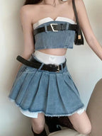 Denim Suit Skirt Fried High Street Fashion Trapless Tube Top - Vusy Kawaii Shop