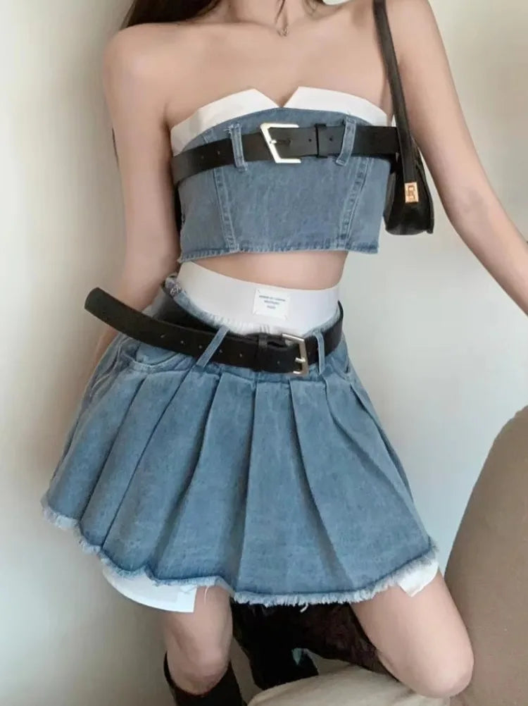 Denim Suit Skirt Fried High Street Fashion Trapless Tube Top - Vusy Kawaii Shop