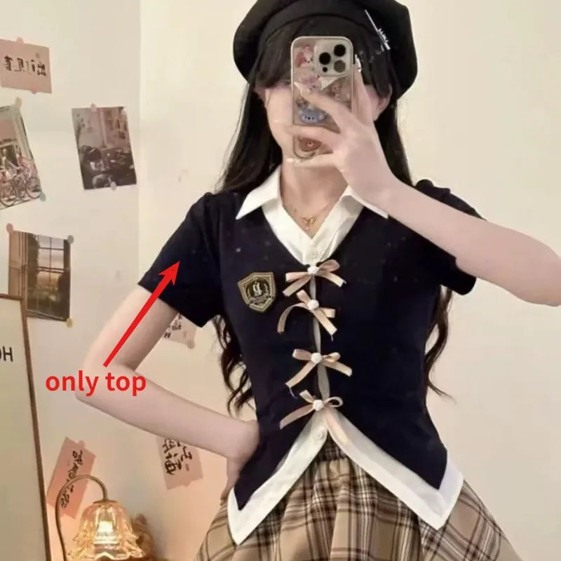 Sweet American Vintage Patchwork Bow Short Sleeve Top Women - Vusy Kawaii Shop