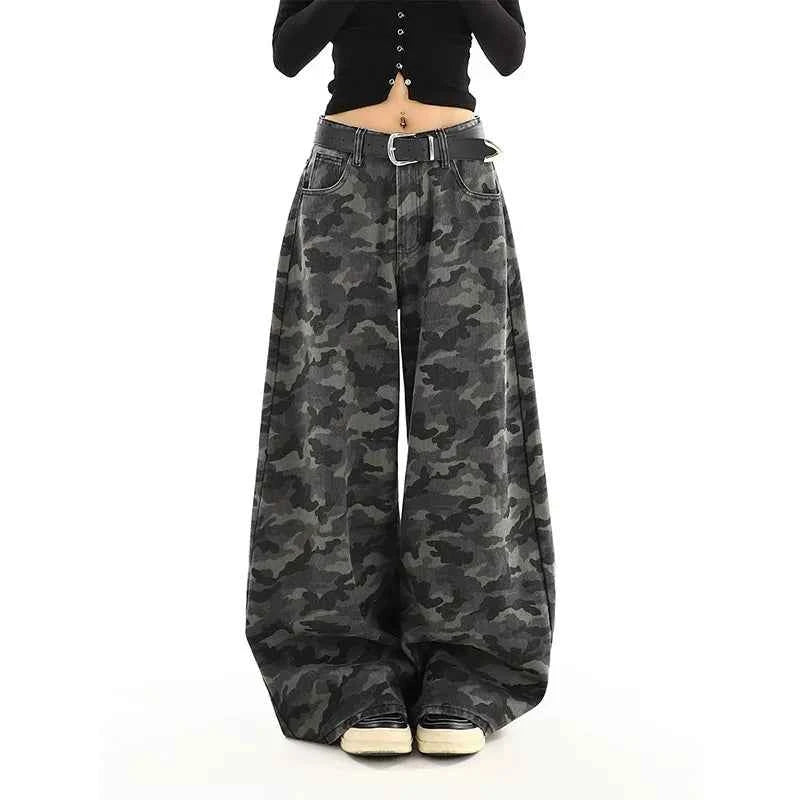 Women camouflage Jeans Sense design Vintage High Waisted Straight Denim Trouser Y2K American Streetwear Wide Leg Denim Pants ﻿