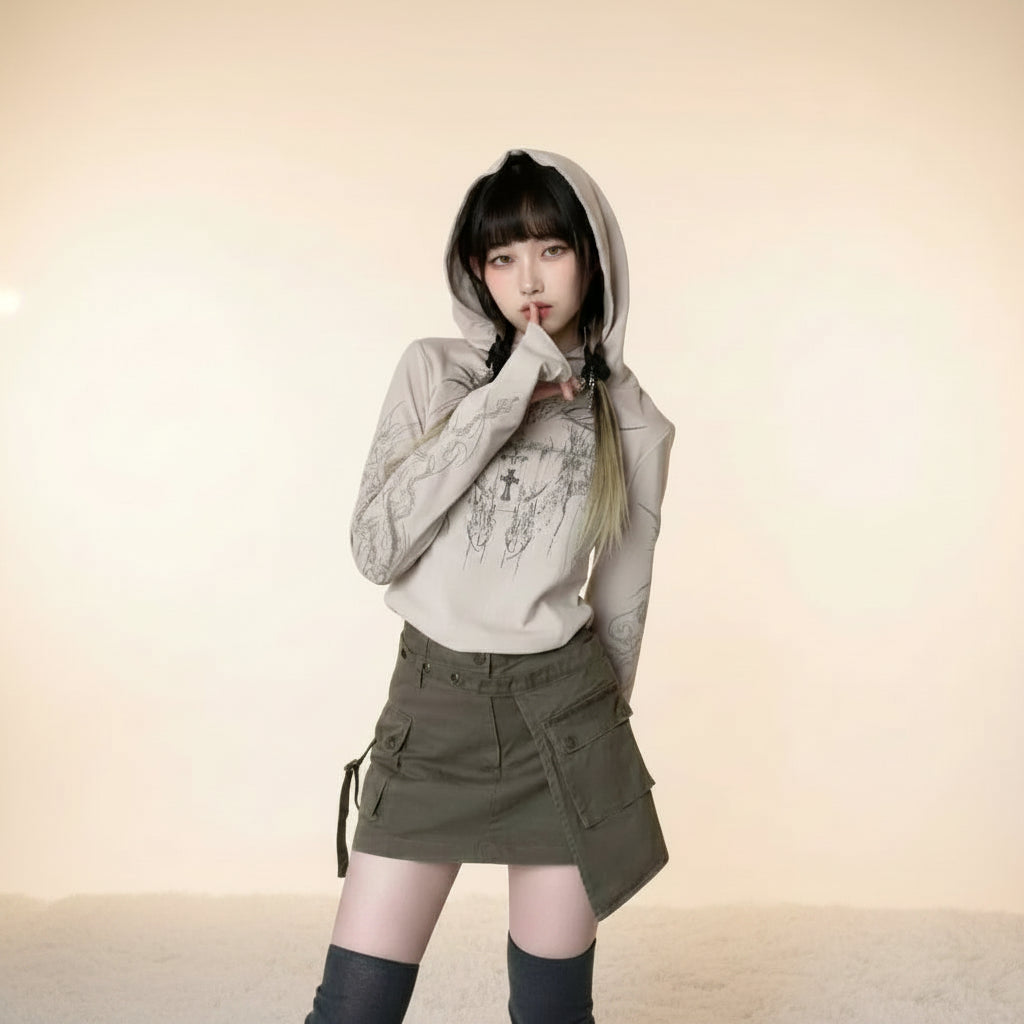 Hooded Long Sleeved Top Slim Rock Print Sunscreen Shirt - Vusy Kawaii Shop