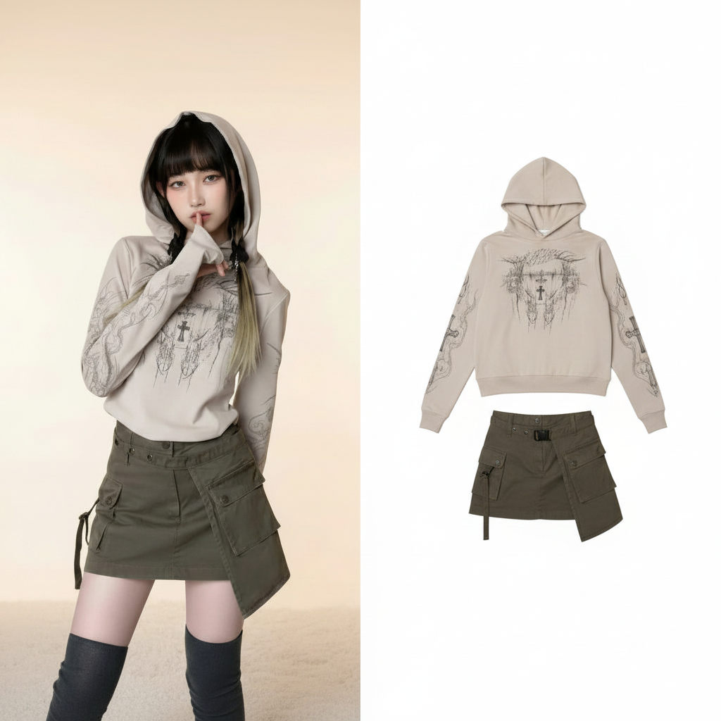 Kapuzen-Langarmshirt mit schmalem Rock-Print und Sonnenschutz