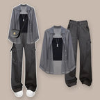 Korean Kawaii 3-Piece Set Chiffon Cardigan Cargo Pants - Vusy Kawaii Shop