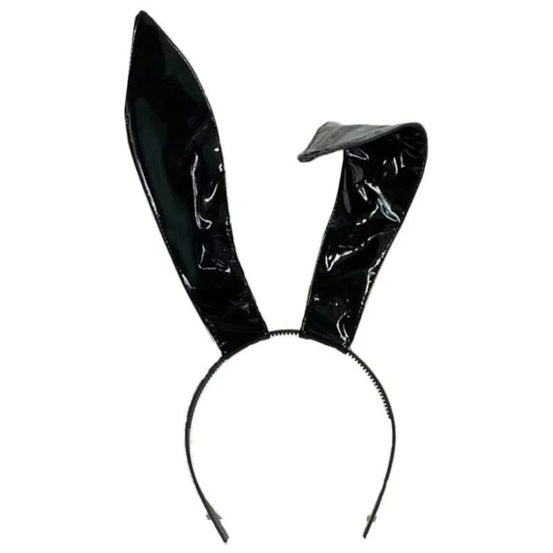 Shiny black rabbit ear headband with one bent ear, front view on white background