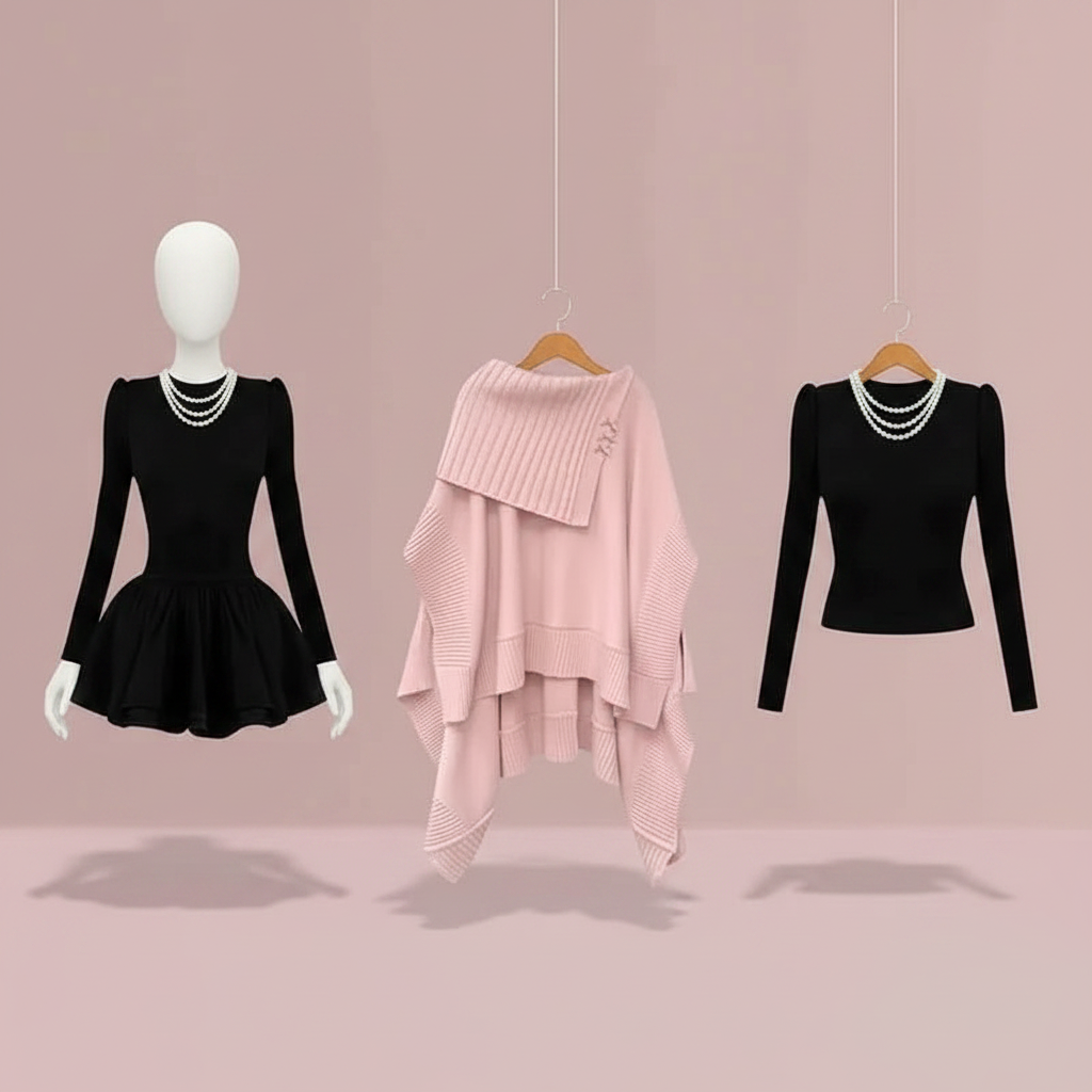 Women Graceful Pink Short Sweater Mini Black Ball Gown - Vusy Kawaii Shop
