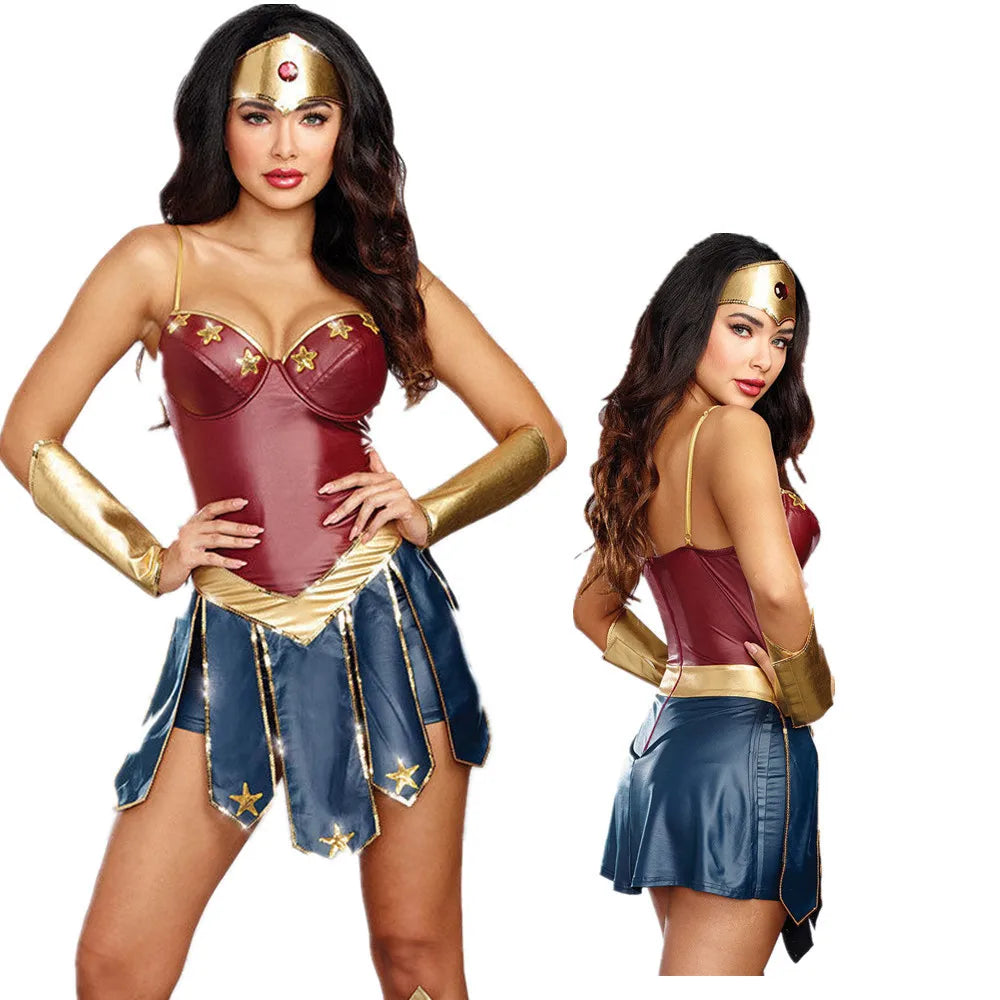 Red and blue Wonder Woman superhero cosplay costume on model, front and back view