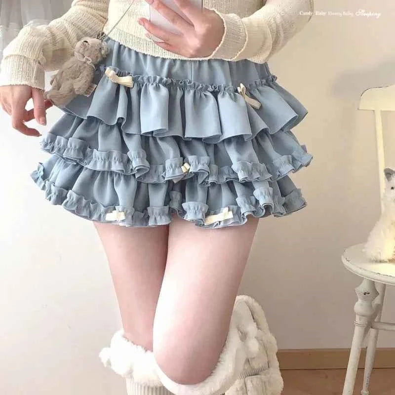 Japanese Sweet Lace Patchwork Ruched Cake Skirts High Waist
