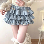 Japanese Sweet Lace Patchwork Ruched Cake Skirts High Waist
