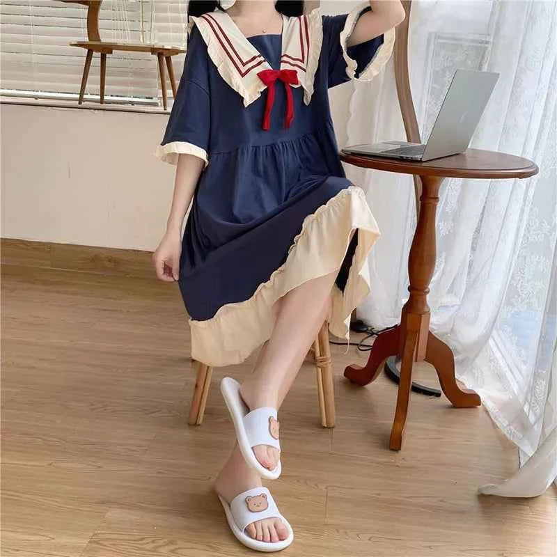 Large Size Pajamas Sweet Women Home Wear Suit Doll Collar Girl Sleepwear Kawaii Dress Solid Colour Short Sleeve Shorts 2PCS Set