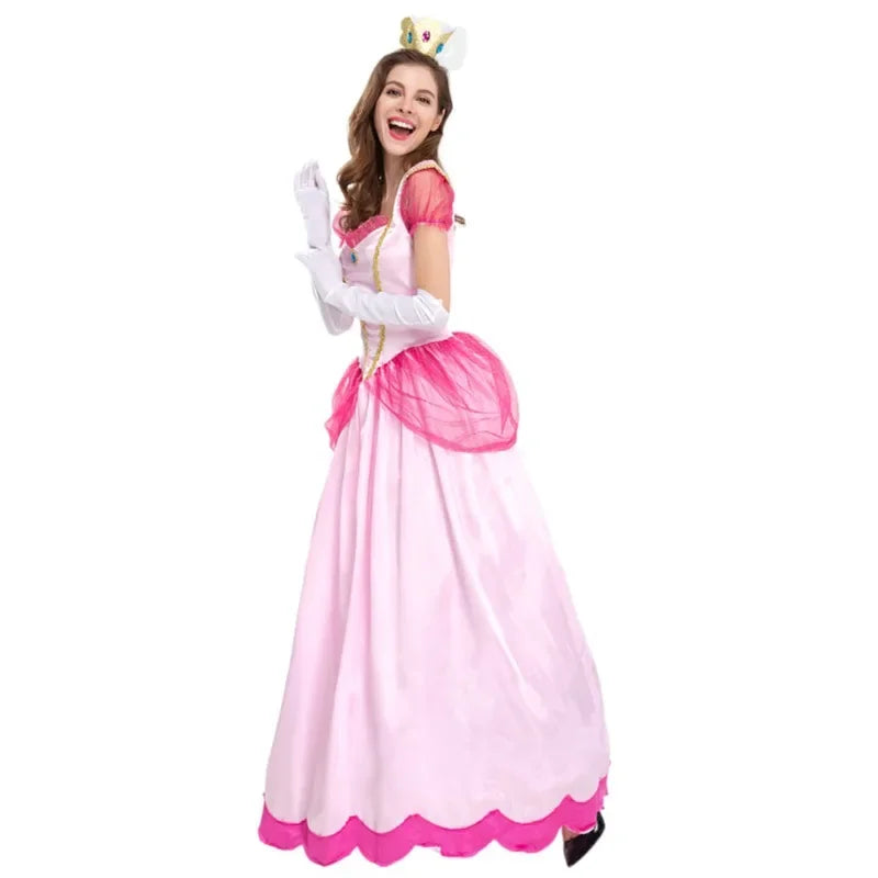 Princess Peach pink ball gown with crown on model, front view
