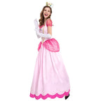 Princess Peach pink ball gown with crown on model, front view