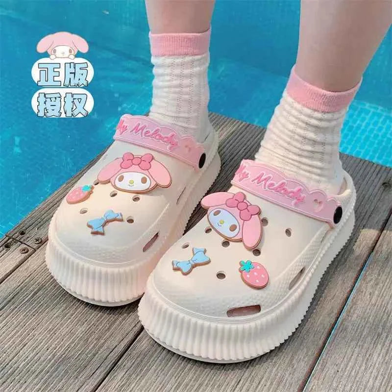 Hellokittys Women Shoes Cartoon Accessories Hole Slippers Sanrios Anime Cinnamoroll Kuromi Outside Sandals Summer Thick Non Slip