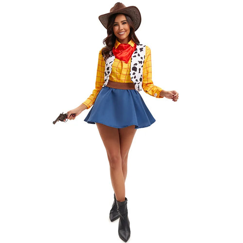 Woody cowgirl cosplay costume set on model, front view