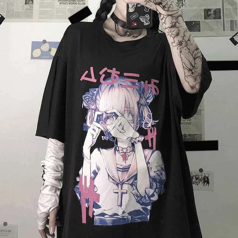 Crop Tops Women T-Shirts Short Sleeve Gothic Printing Tee