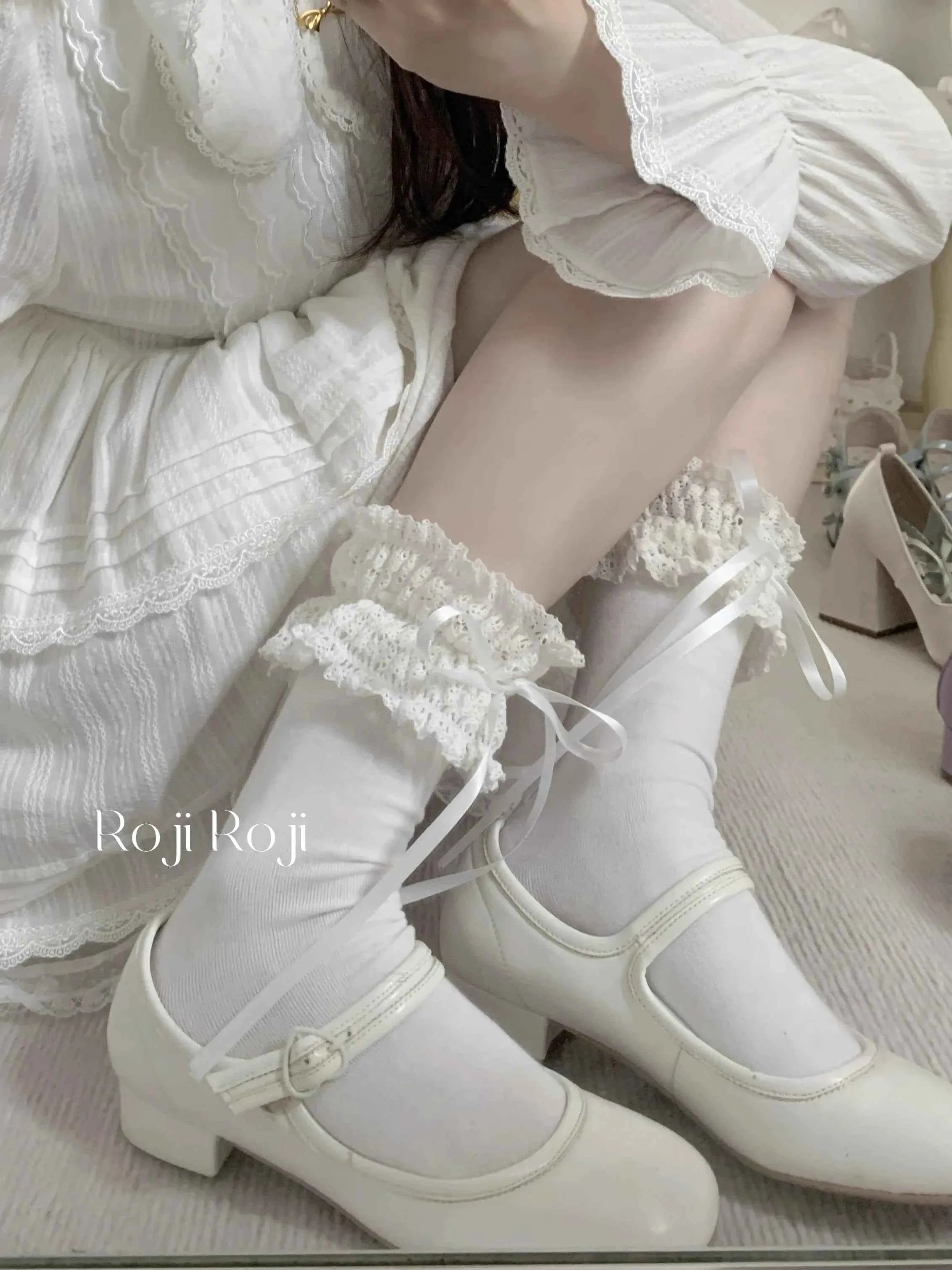 New Japanese Gentle Spring Bow Mid Tube Socks Lolita Knee Socks School Girls Kawaii Lace Cotton Socks