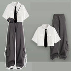 Tracksuit Set Korean College Style with Short-Sleeve Shirt - Vusy Kawaii Shop