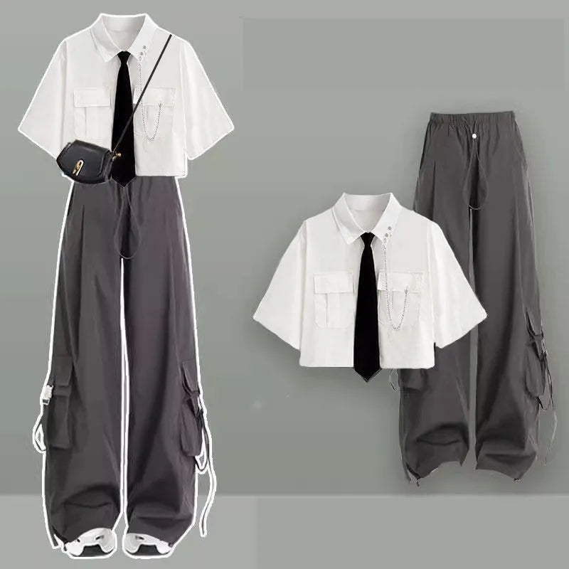 Tracksuit Set Korean College Style with Short-Sleeve Shirt - Vusy Kawaii Shop