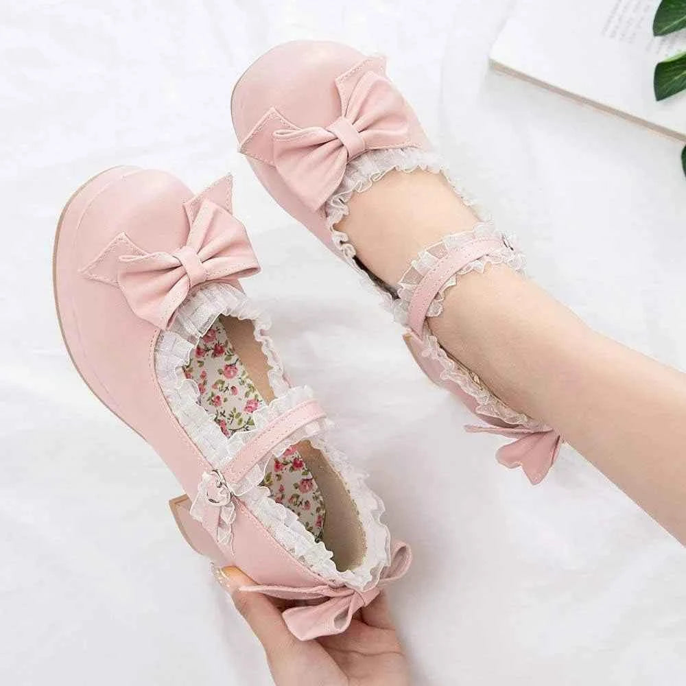 Women Kawaii Mid Block Heel Mary Jane Rockabilly Pumps with Bow Platform Chunky Heel Cute Sweet Shoes