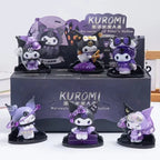 Six Kuromi blind box figures displayed in front of the box, front view