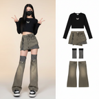 Street Punk Subculture Denim Skirt Sweet Striped Splicing - Vusy Kawaii Shop