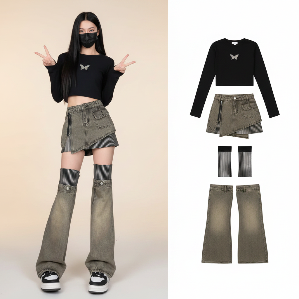 Street Punk Subculture Denim Skirt Sweet Striped Splicing - Vusy Kawaii Shop