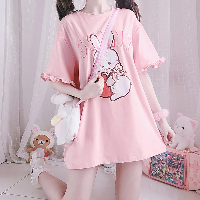 Summer Women Cute Lolita Pink T-Shirts Cartoon Strawberry - Vusy Kawaii Shop