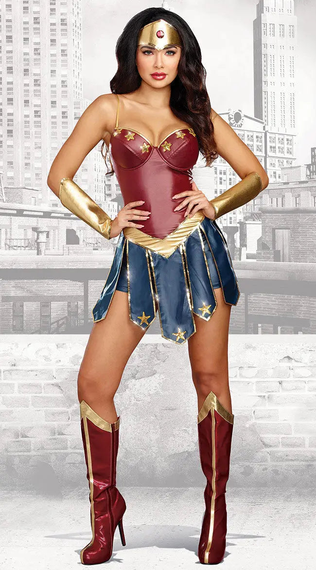 Wonder Woman cosplay costume with boots on model, front view