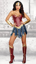 Wonder Woman cosplay costume with boots on model, front view