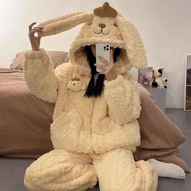 Sanrios My Melody Women's Pajamas Anime Kawaii Pompom Purins Coral Velvet Thickened Cute Hooded Zipper Home Wear Nightgown Suit