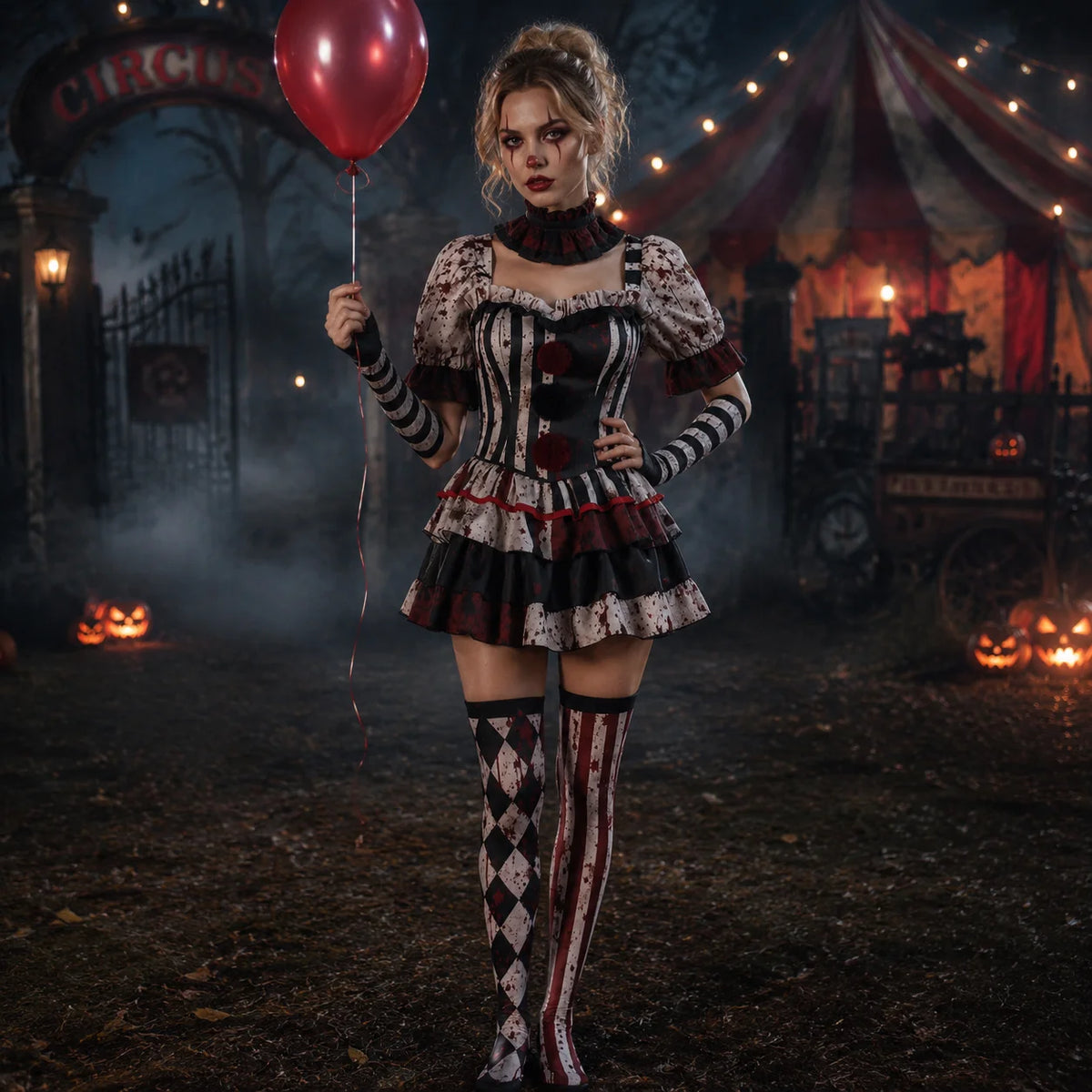 Model wearing the bloody clown jester costume holding a red balloon at a circus at night