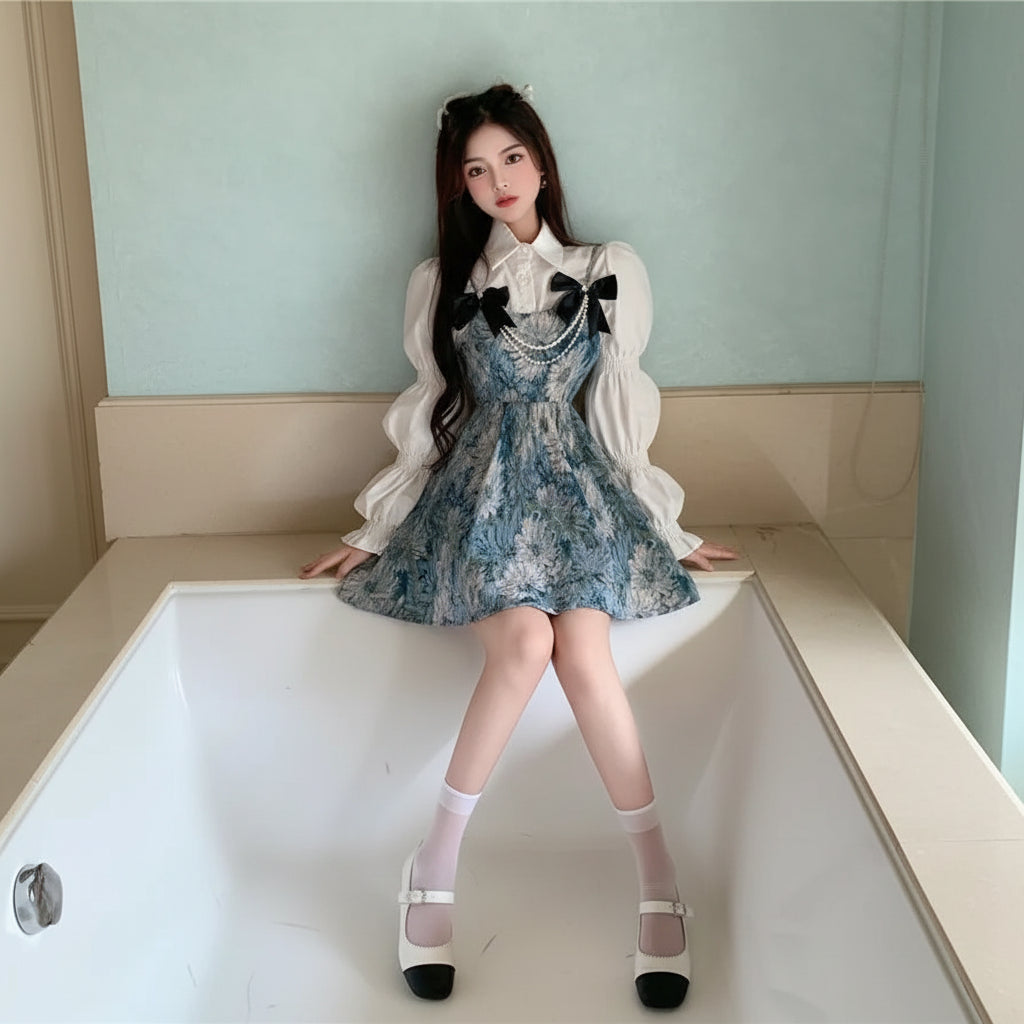Lolita Style Sweet Blouse and Mini Sling Dress Two Piece Set - Vusy Kawaii Shop
