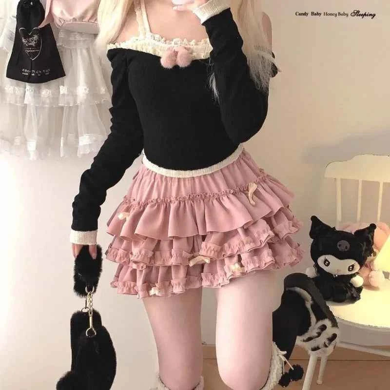 Japanese Sweet Lace Patchwork Ruched Cake Skirts High Waist