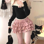Japanese Sweet Lace Patchwork Ruched Cake Skirts High Waist