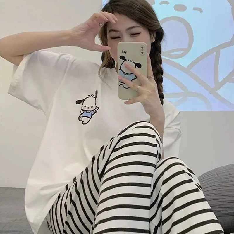 Sanrios Pochacco Pajamas for Women Pure Cotton Summer Short-Sleeved Trousers Kawaii Cinnamoroll Home Clothes Suit Girl Sleepwear