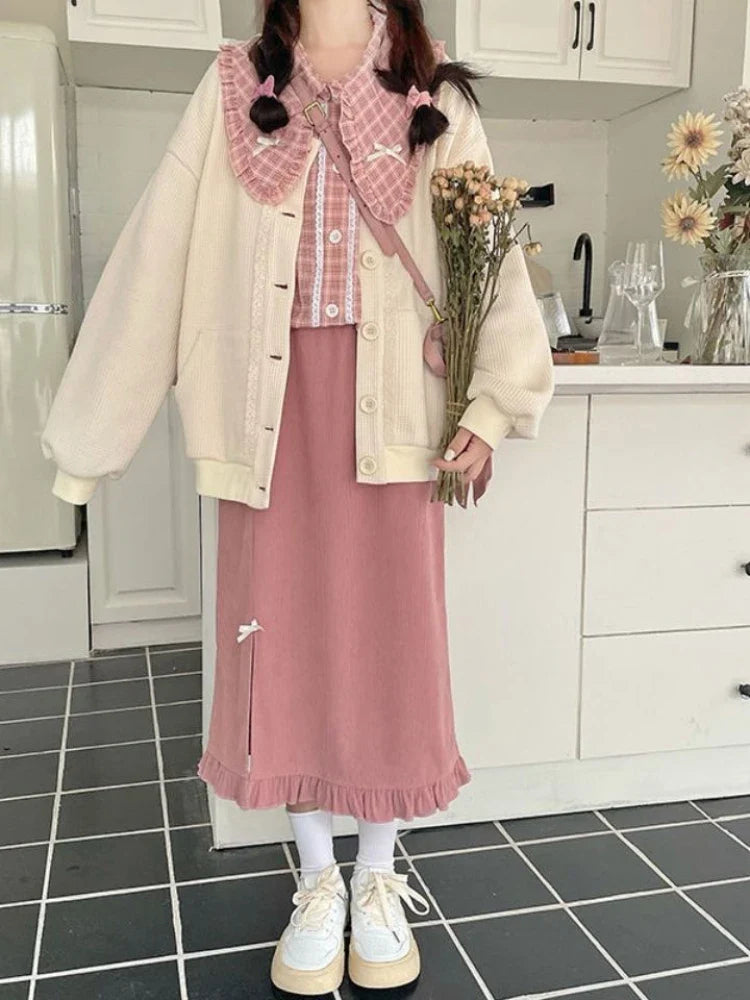 Autumn and Winter Set Students Korean Japanese Pink Check - Vusy Kawaii Shop