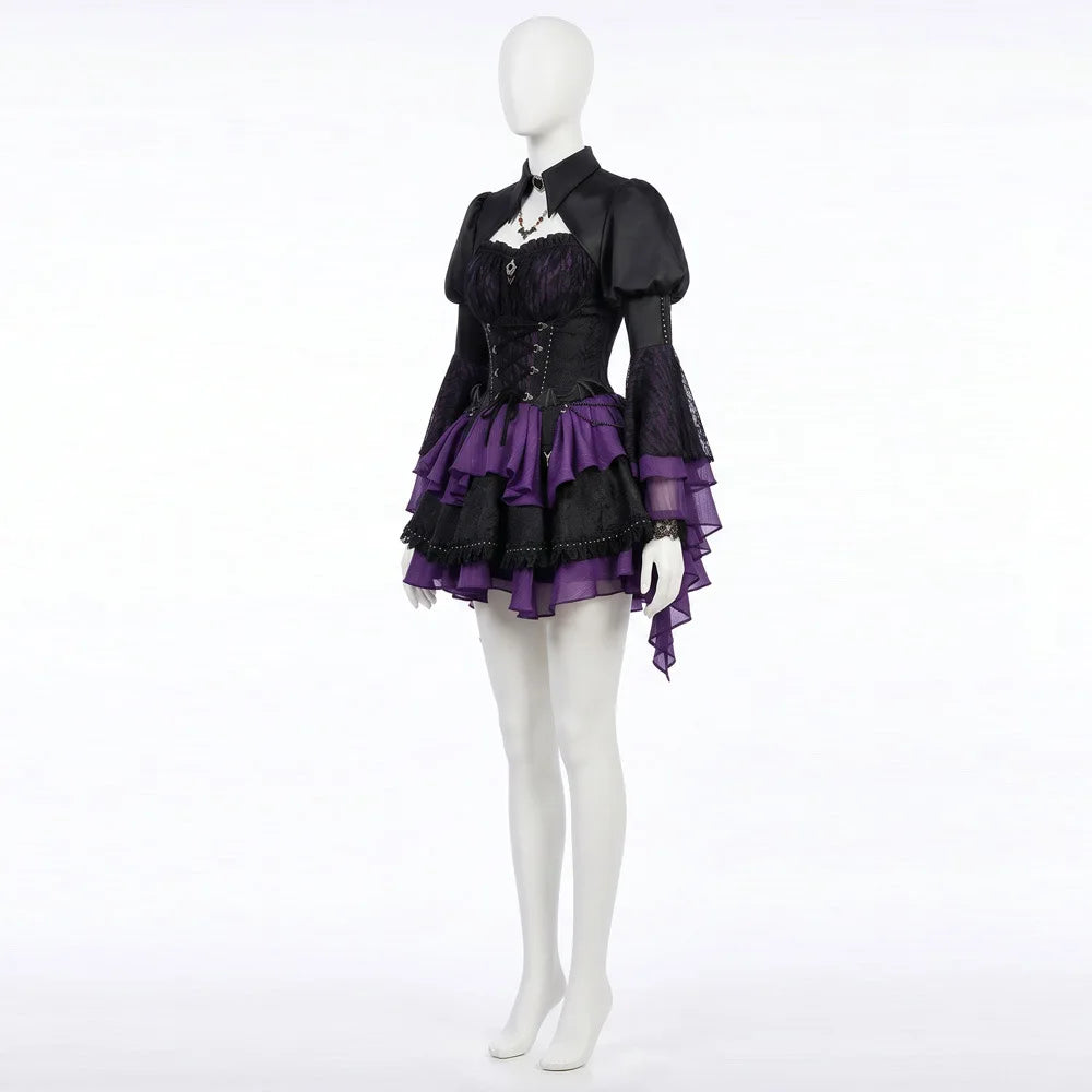Ruffled layered skirt and puff sleeves of gothic vampire lolita dress, full length