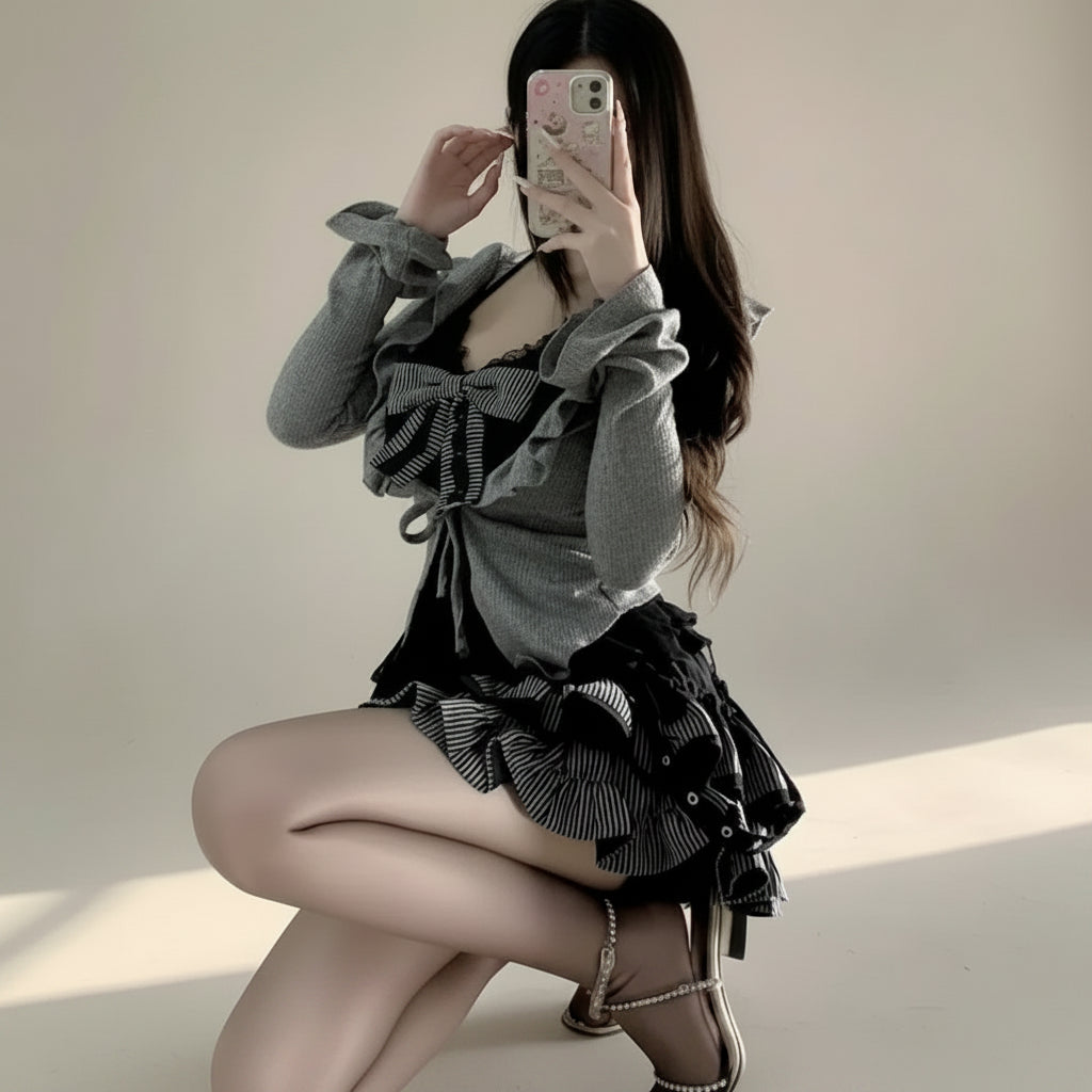 Street Retro Lolita Set Lace Lotus Leaf Tees E-Girl Gothic - Vusy Kawaii Shop