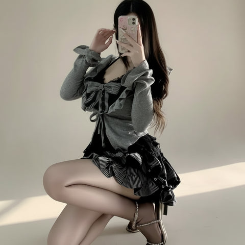 Street Retro Lolita Set Lace Lotus Leaf Tees E-Girl Gothic - Vusy Kawaii Shop