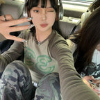 Vintage Patchwork Green Tshirts Women Kpop Streetwear Long - Vusy Kawaii Shop