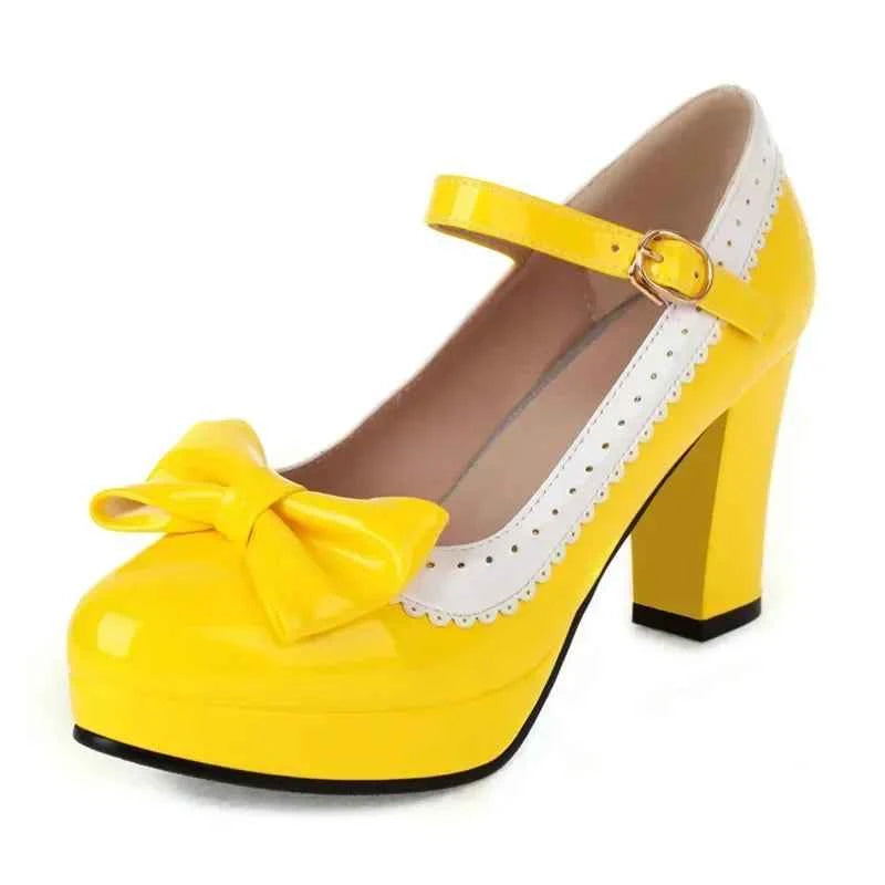Pink Red Patent Leather Women Platform Mary Janes High Chunky Heels Pumps Lady Party Dress Summer Bowknot Round Toe Lolita Shoes