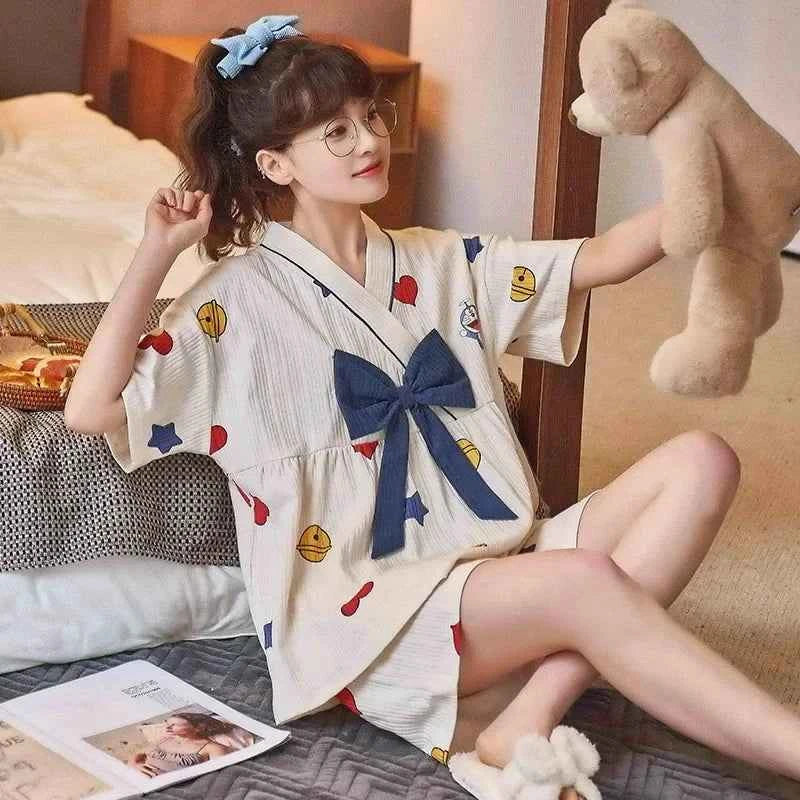 Japan Summer Sweet kimano Women's Short Sleep Tops Shorts pajamas set Ladies Sweet home clothes Sleepwear women's pajamas 2022