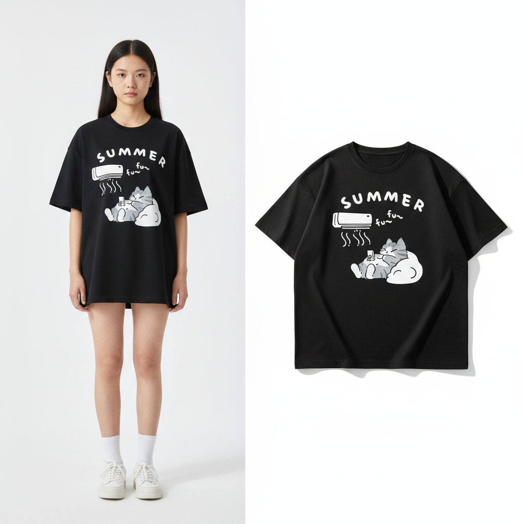 Summer Japanese Cartoon Cute Cat Fun Print Short Sleeve